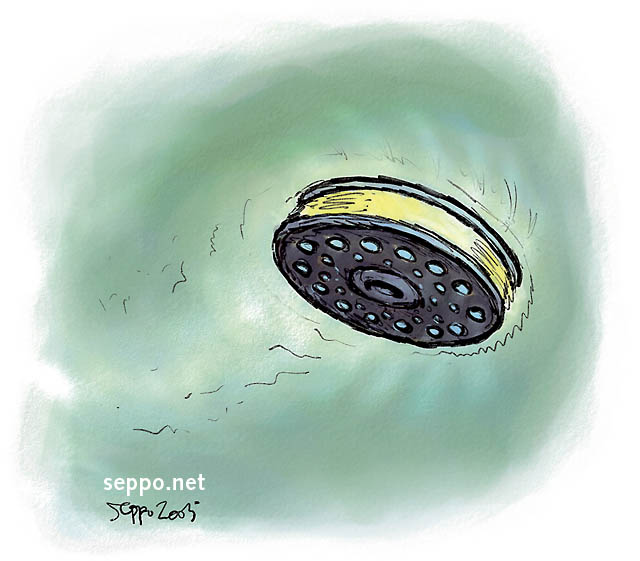 Fishing - Fly fishing reel flying - Environmental Cartoons