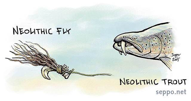  Stone age fly and trout, keywords:
 flyfishing fly trout bone hook neolithic stone age humor cartoon