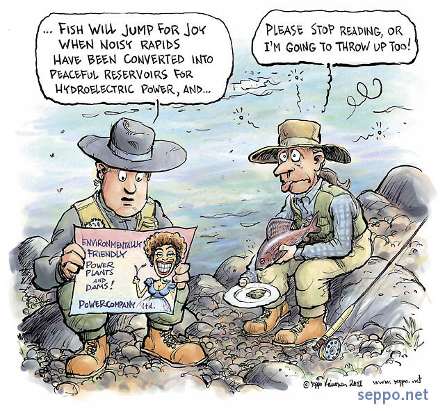  Environmentally friendly river building scam, keywords:
 fly fishing fisherman river building ad advertisement environmentally friendly reservoir hydroelectric power station Grayling Thymallus thymallus cartoon