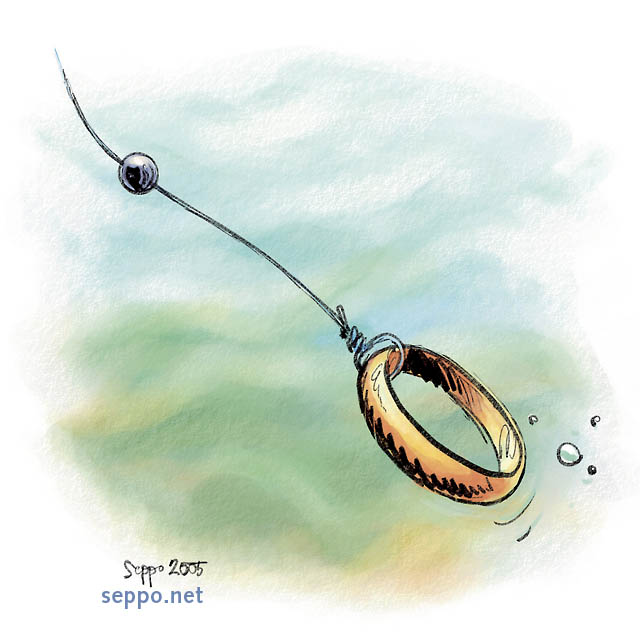  Fly fishing and marriage, keywords:
 fly fishing bait lure wedding ring gold ring marriage water cartoon