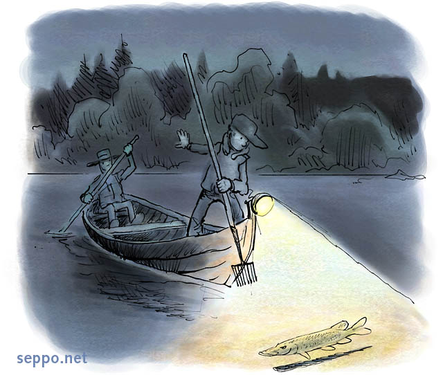  Torch fishing, keywords:
 torch fishing pike rowing row boat flashlight darkness night lamp Esox lucius piirros