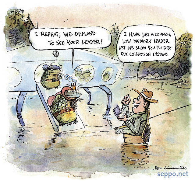  Aliens encounter fly fisherman, keywords:
 fly fishing fisher fisherman river UFO alien leader encounter dry fly collection communication cartoon
