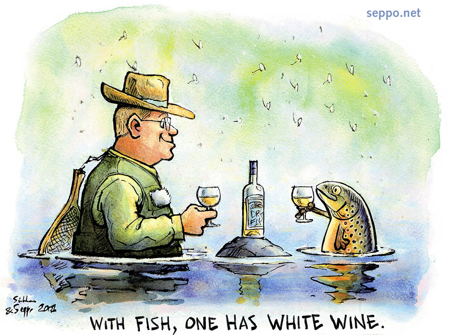  White wine with fish, keywords:
 fish white wine pairing matching fly fisher fisherman flyfishing fishing toast toasting brown trout river Salmo trutta cartoon