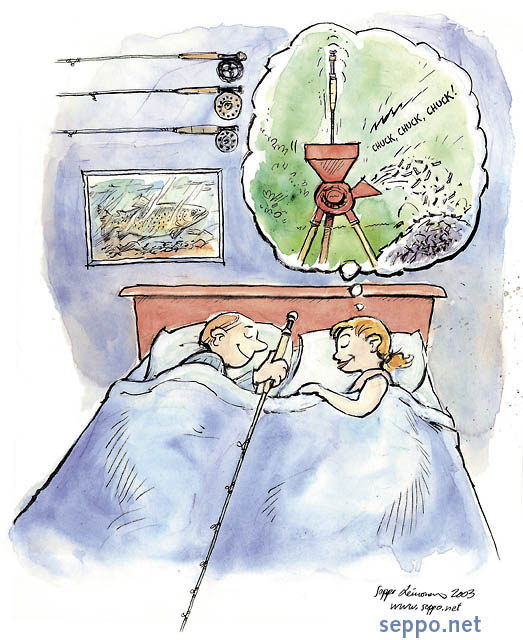  Fishing rod in bed, keywords:
 fly fishing fishing rod fisherman wife married couple double bed humor dream cartoon