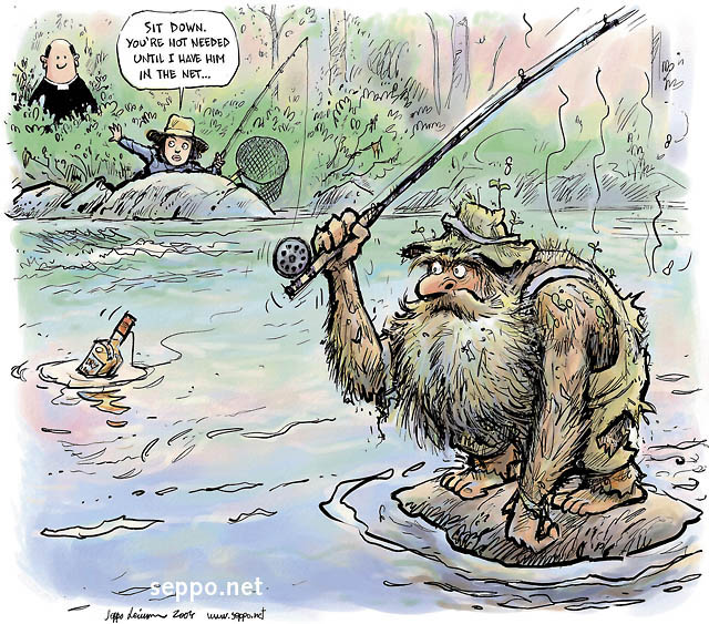  Fly fisher run totally wild, keywords:
 fly fisher fly fishing run wild strange weird hermit bride groom priest lure bait liquor whisky bottle cartoon