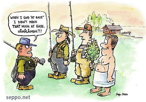  Fly Fishing Course, keywords:
 Fly Fishing Course fisherman at ease fish fisher fisherman training sauna cartoon