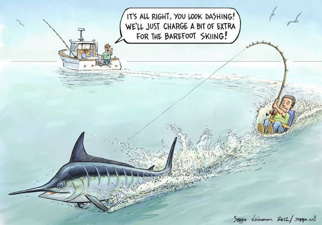  Blue marlin and a dashing fisherman, keywords:
 blue marlin fish fisherman fishing water skiing barefoot boat catch and release sustainable ocean marine Makaira nigricans cartoon