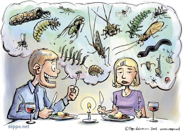  Fly fisher and table talk, keywords:
 fly fishing fisherman table talk insects aquatic organism dinner table appetite first date cartoon