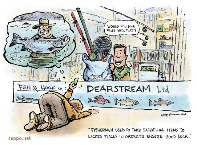  Sacrifice for good fish catch, keywords:
 fly fishing shop fisherman flyfishing store equipment sacrifice humor cartoon