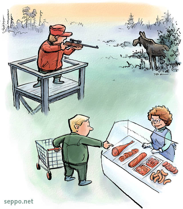  Hunting and shopping meat, keywords:
 meat food hunter hunting shopper shopping consumer meat dish food supply meat counter butcher's kuluttaja morale ethics cartoon