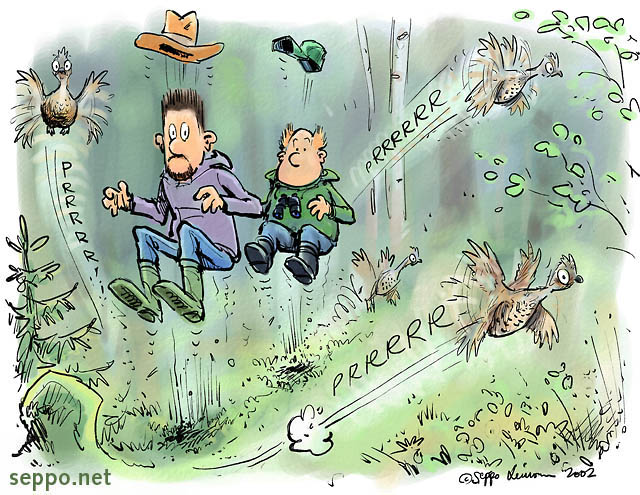  Hazel grouse clutch frightens gamekeepers, keywords:
 hazel grouse hazel hen clutch fledglings sprint game calculation gamekeeper hunting forest cartoon