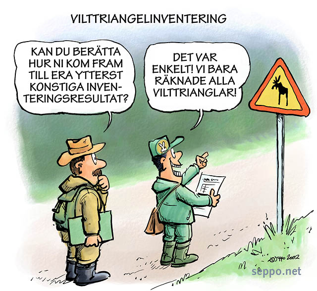  Viltforskning – vilttriangelinventering, keywords:
 viltforskning vilttriangel inventering viltstammen beräkning forskare inventerare älg vägmärke trafikskylt teckning