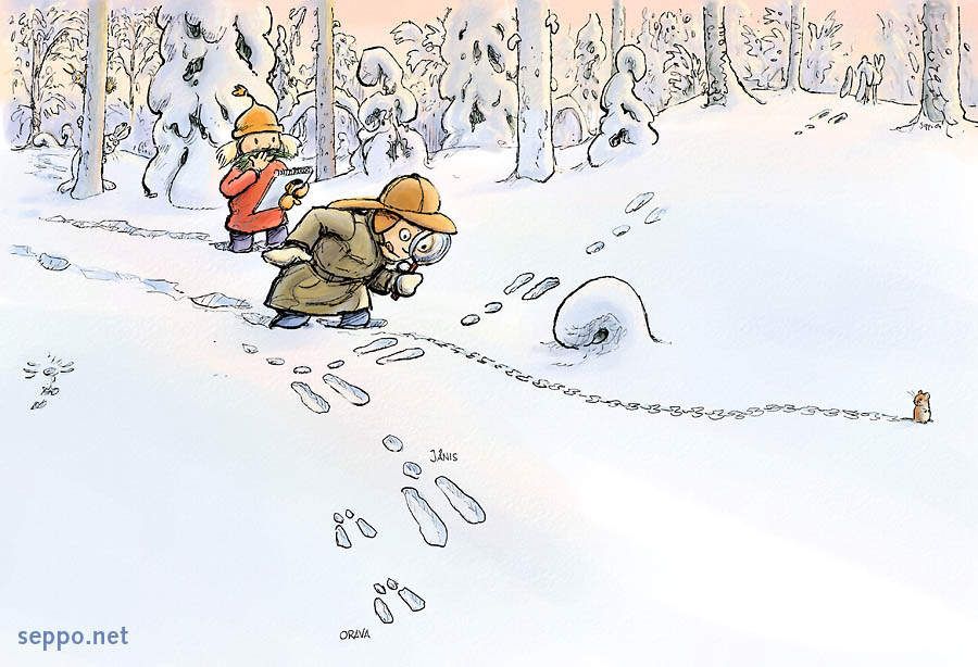  Animal tracks in snow, keywords:  animal tracks footprints trace trail winter snow kids outdoor activities squirrel hare bank vole cartoon