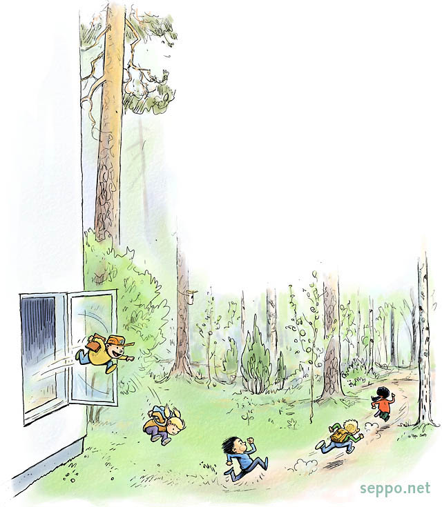  Nature school – kids jump outdoors to learn, keywords:
 kid kids nature school outing outdoors learning forest jump window cartoon