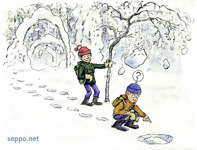  Mysterious track in snow, keywords:
 boys kids outing trip winter snow play game joke spoof tracks footprints cartoon