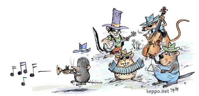  The Rodents Band, keywords:
 band orchestra rhythm music rodents jam session shrew bank vole garden dormouse water vole yellow-necked mouse banjo double bass string bass contrabass accordion triangel trumpet cartoon