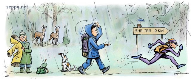  Forest excursion in rain, keywords:
 forest excursion trip hiker hiking rain raincoat rain wear backpack dog lean-to nature shelter roe deer Capreolus capreolus cartoon