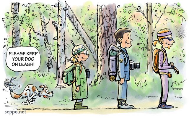  Forest excursion  Keep dogs on leash, keywords:
 dog on leash chain chained rule regulation protected area national park outdoors excursion camping hiker backpack forest cartoon