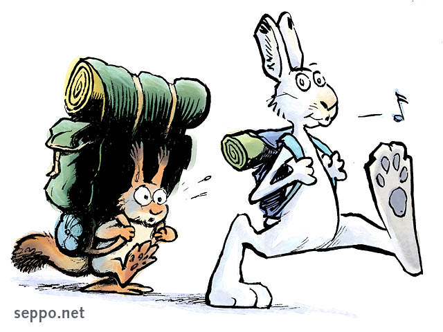  Hare and squirrel on a hike, keywords:
 trip hike hikers outing carry backpack rucksack sleeping pad heavy light burden weight red squirrel mountain hare blue hare tundra hare white hare alpine hare Sciurus vulgaris Lepus timidus cartoon