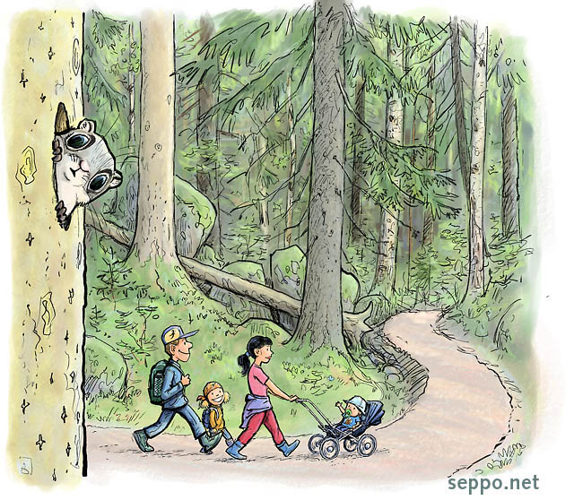  Family outing in forest, keywords:
 family children kids stroller pushchair pathway trail track flying squirrel Pteromys volans Nuuksio Noux cartoon
