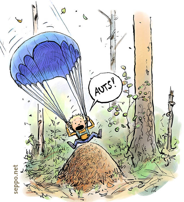  Parachutist landing on anthill, keywords:
 parachute parachuting parachutist skydiving jump landing anthill ants nest cartoon