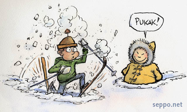 Skier and eskimo in snow, keywords:
 ski skiing skier inuit eskimo snow crust winter pukak cartoon