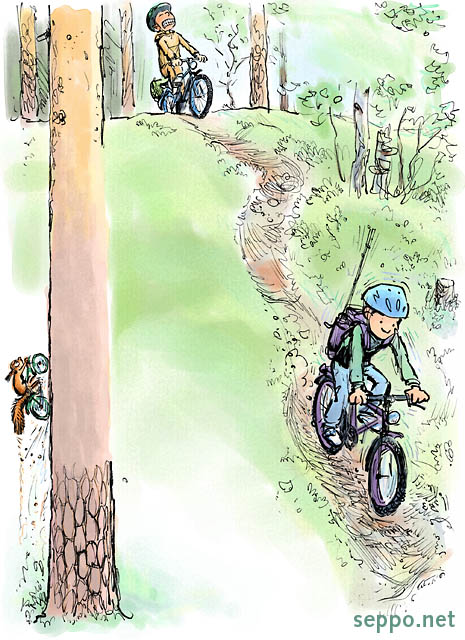  Off road  mountain biking , keywords:
 Off-road cycling mountain biking bicycle bicyclists track path trail slope downhill squirrel forest tree trunk Sciurus vulgaris cartoon