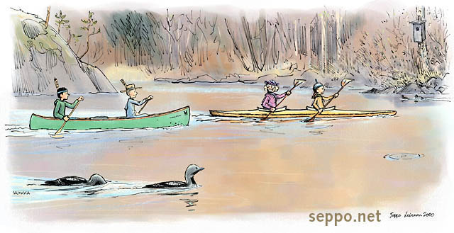  Paddling with loons – canoe and kayak, keywords:
 paddling paddle paddlers kayaking canoeing indian canoe tandem kayak lake evening spring loons black-throated loon diver Gavia arctica cartoon