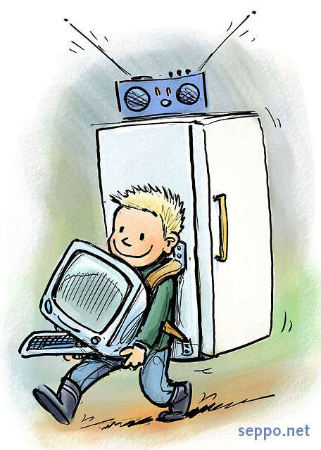  Hiking with electronic equipment, keywords:
 outing hike hiking camping equipment supplies electronics gadgets refrigerator fridge computer radio cartoon