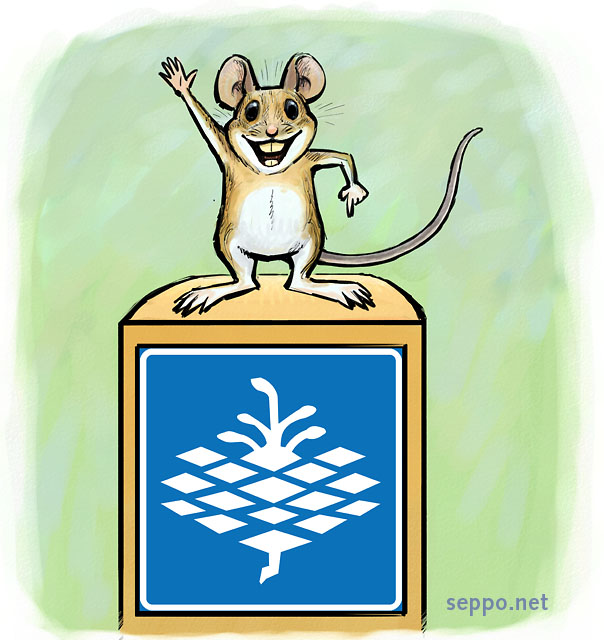  Nature trail sign and yellow-necked mouse, keywords:
 nature trail sign symbol directory pine cone yellow-necked mouse Apodemus flavicollis cartoon