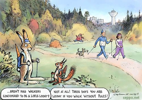  Nordic walking, keywords:
 Nordic walking pole walker walking outdoors exercise nature trekking hare squirrel autumn loony cartoon