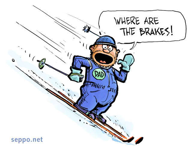  Skiing holidays – Daddy coming downhill, keywords:
 skiing hill holidays skis downhill skier slope winter sports cartoon
