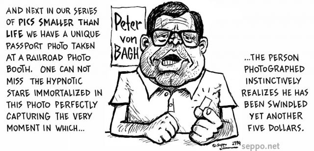 Peter von Bagh caricature, keywords:
 Peter von Bagh pics smaller than life passport photo films cartoon