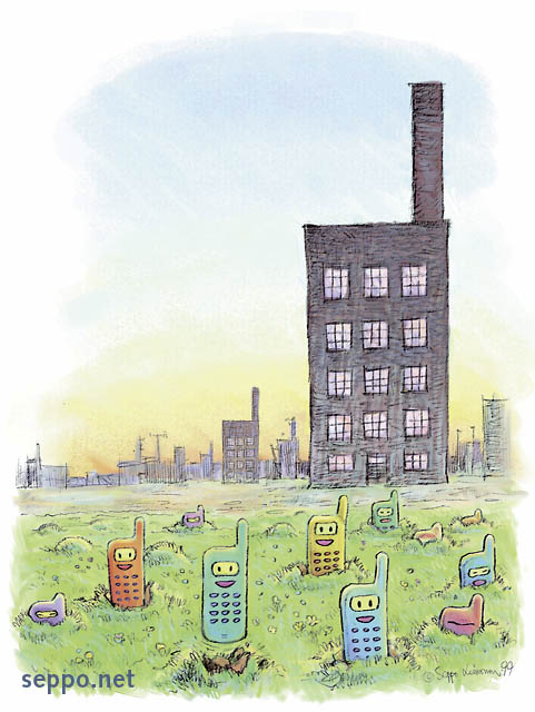  Manufacturing industry – structural change, keywords:
 smokestack industries information and communications technology structural change economy ITC-technology cellular phone mobile phone production factory industrial plant meadow scenery cartoon