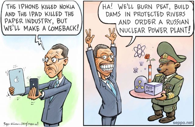  Alex Stubb - Apple killed Finnish economy, keywords:
 Alexander Stubb prime minister Finland Apple iPad iPhone economy peat burning energy reservoir dam protected river Russian nuclear power Rosatom Fennovoima paper industry cartoon