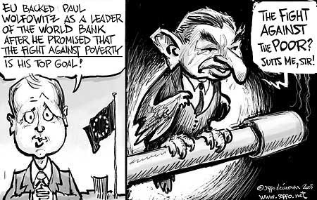  Paul Wolfowitz in World Bank, keywords:
 Paul Wolfowitz World Bank fight against poverty poor European Union Olli Rehn cartoon