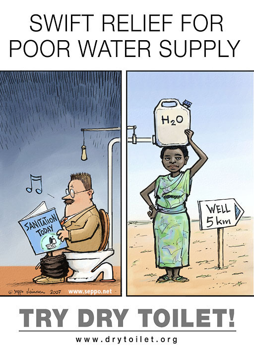  Drytoilet - Swift relief for a poor water supply, keywords:
 dry toilet water poor supply crisis sanitation drinking well hygiene drain sewer sustainable development waste pollution cartoon
