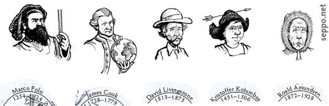 Explorers in history, keywords:
 voyage discovery exploration great navigations explorers history Marco Polo James Cook David Livingstone Kristoffer Kolumbus Roald Amundsen cartoon