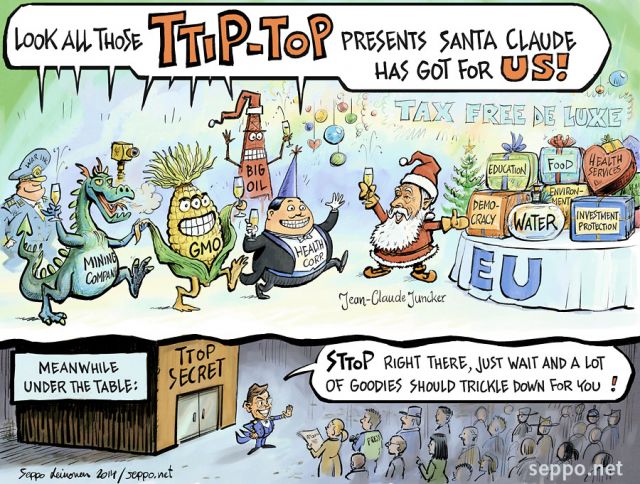  TTIP - EU and Santa Claude, keywords:
 TTIP EU USA Transatlantic Trade and Investment Partnership comission democrazy environment regulation safety health food water corporations privatisation GMO growth hormone investor protection Jean-Claude Juncker Jyrki Katainen cartoon