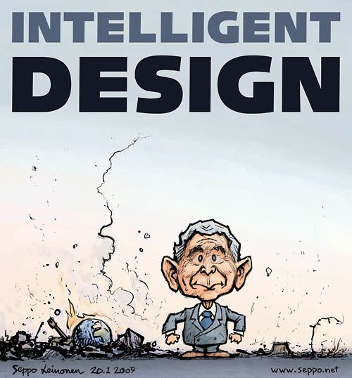  Intelligent Design - President Bush, keywords:
 intelligent design mission accomplished resign President George W. Bush environment war economy climate catastrophe disaster cartoon