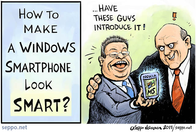  How to make a Windows smartphone look smart, keywords:
 Stephen Elop Steve Ballmer Nokia Microsoft Windows smart smartphone ecosystem ecocatastrophe partnership cartoon