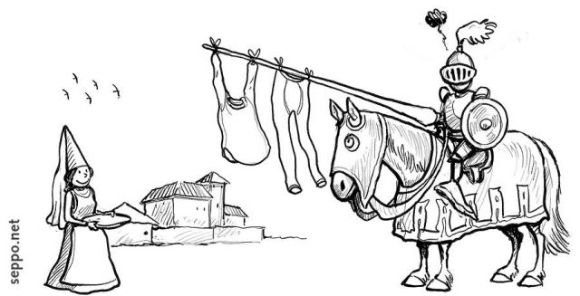  Knight helps maiden to dry laundry, keywords:
 maiden castle knight horse armor lance drying laundry cartoon