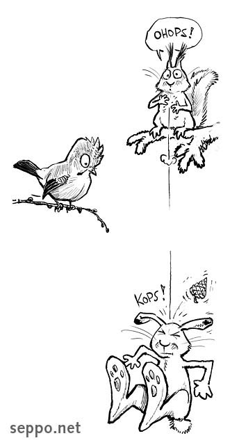  Squirrel Jay and Hare, keywords:
 red squirrel mountain hare acorn slip Eurasian jay Siurus vulgaris Lepus timidus Garrulus glandarius cartoon