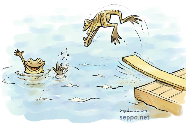  Swimming frogs, keywords:
 common frog swim swimming summer lake jump jumping pier springboard diving board jumping board Rana temporaria cartoon