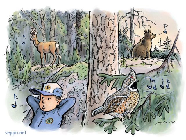  Communication by whistling in forest, keywords:
 communication whistle whistling voice signal forest nature roe deer brown bear human hazel grouse hazel hen Tetrastes bonasia Capreolus capreolus Ursus arctos cartoon