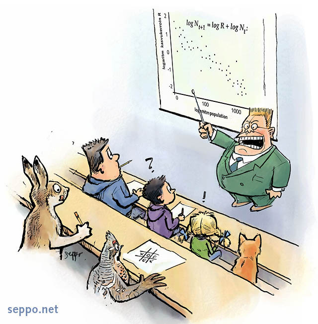  Modern population ecology studies, keywords:
 ecology study lecture populaton dynamics mathematical model R nature animals hazel grouse Tetrastes bonasia hare Lepus timidus researcher biodiversity conservation cartoon
