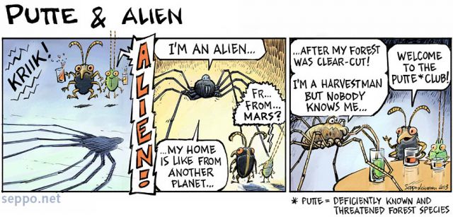  Putte and Alien, keywords:
 Harvestman Daddy Longlegs Opiliones Putte deficiently known threatened old growth forest species research programme Finland endanegered cartoon