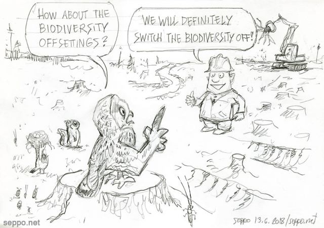  Biodiversity offsetting, keywords:
 biodiversity offsetting nature conservation biology forest clearcut removing stumps bioenergy mass extinction eccb2018 livedrawing cartoon