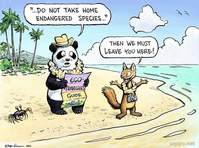  Panda and Marten – travelling and the endangered species, keywords:
 Panda Marten CITES endangered exotic species cancer biodiversity sea beach eco travelling cartoon