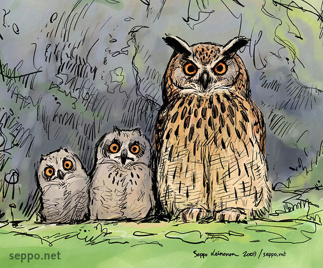  Eagle owl with nestlings, keywords:
 Eurasian eagle owl nest nestling fledgling brood Bubo bubo cartoon